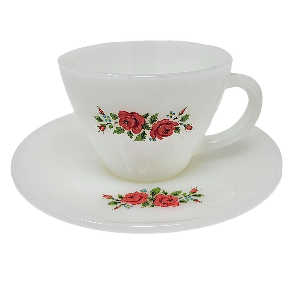 Vintage Anchor Hocking Fire King Milk Glass Tea Cup and Saucer Set Red Rose